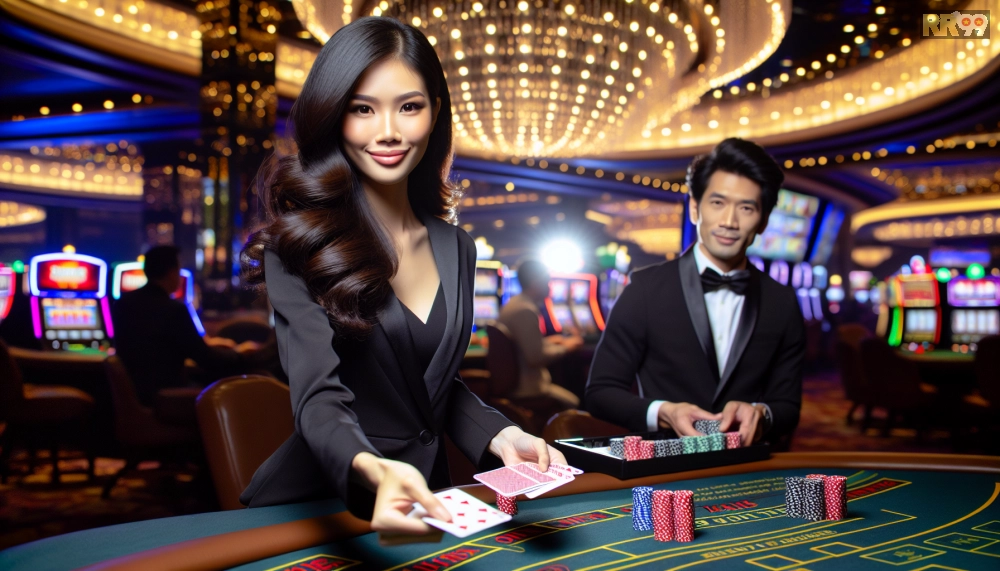 Dealer chuyên nghiệp đang chia bài Blackjack tại live casino rr99