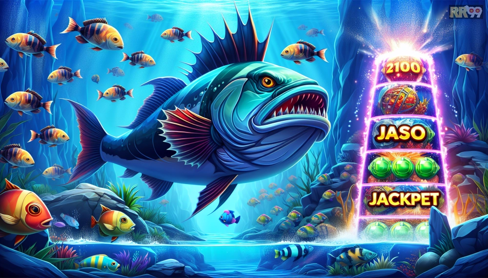 Giao diện Bắn Cá Thần Tài RR99 với boss cá khổng lồ và phần thưởng nổ hũ