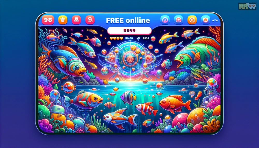Tranh minh họa giao diện bắn cá miễn phí rr99 với cá đa dạng và hiệu ứng sống động